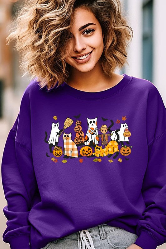 Black Cat Halloween Graphic Fleece Sweatshirt